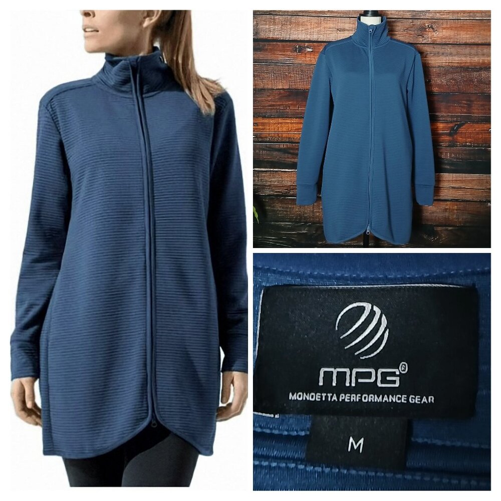 MPG Mondetta Performance Gear M Ottoman Long Jacket Blue Ribbed Full Zip Pockets
